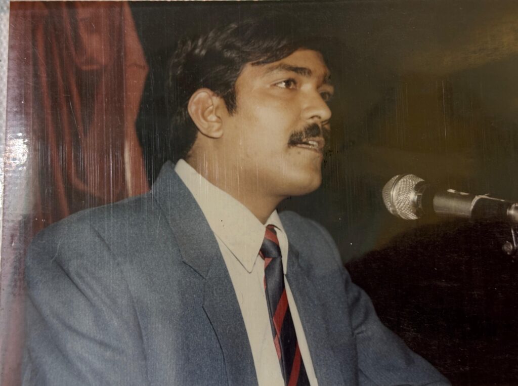 Dr Saeed Ahmad (Founder of DNL) giving speech on DNL (Dot n Line) Annual Function 1996 Ravindralay Auditorium Lucknow