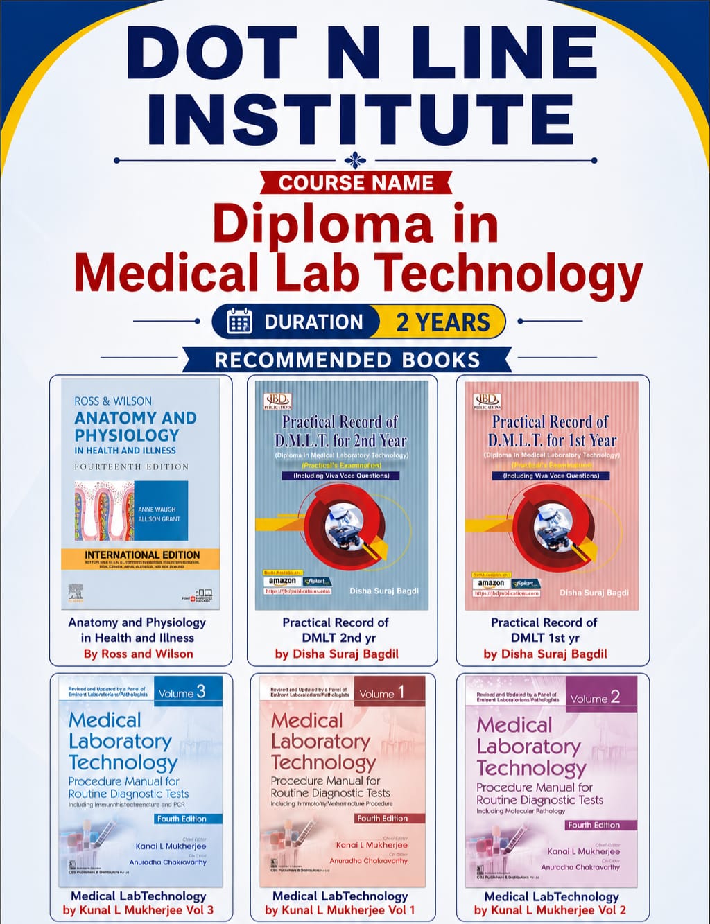 DMLT (Diploma in Medical Lab Technology) recommended Books by Dot n Line International Institute of Allied Health Sciences Lucknow, Uttar Pradesh, India